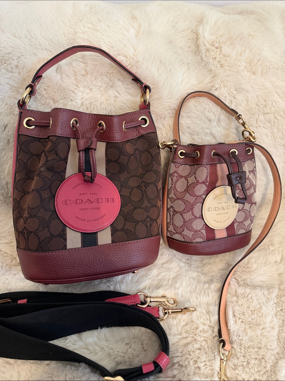 Coach Signature Canvas Bucket Bags in Burgundy and Brown